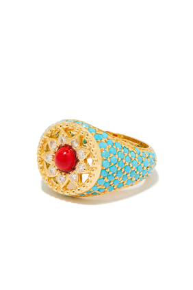 Arabesque Pinky Ring, 18k Gold with Coral & Diamonds
